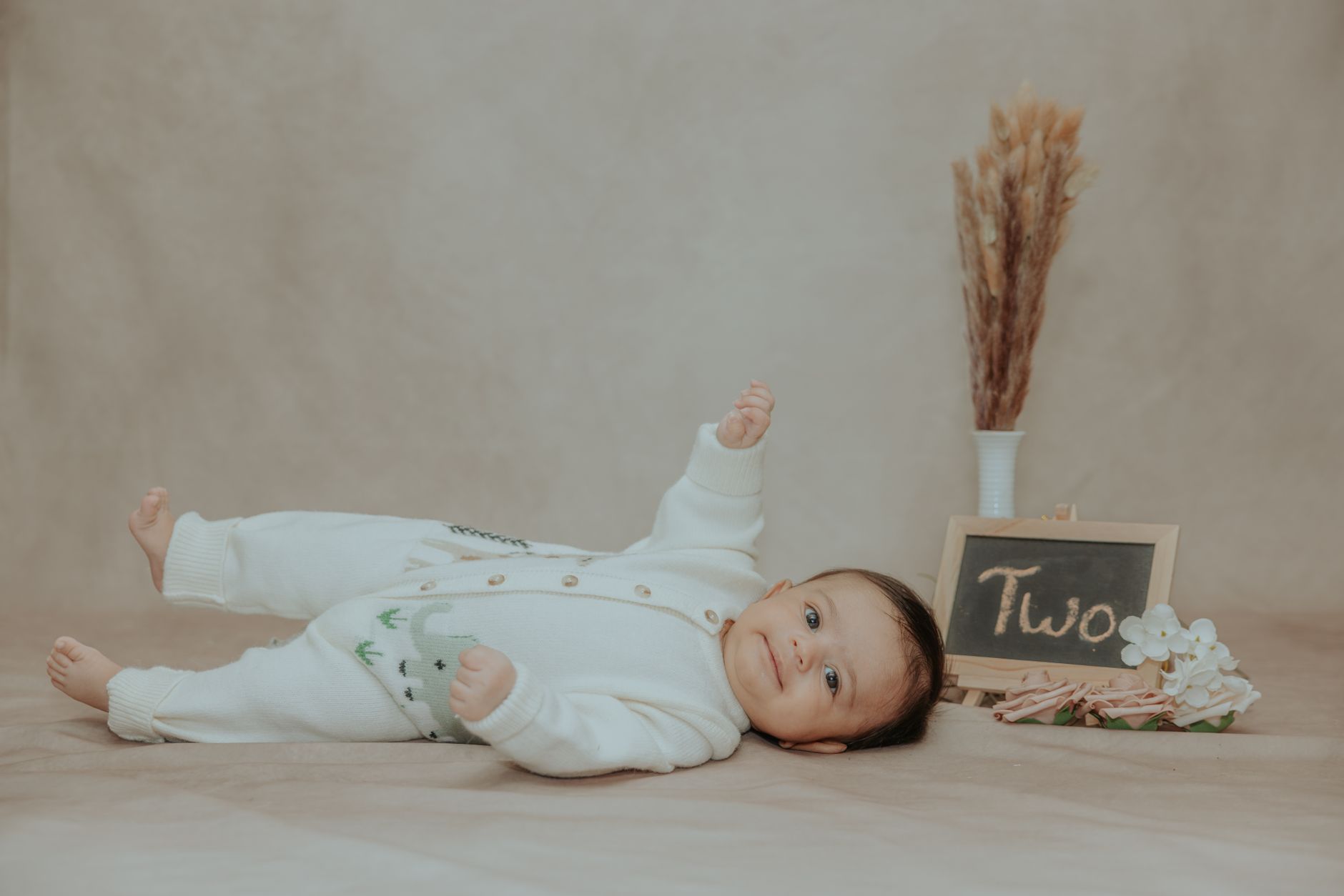 A cute two-month-old baby lies on a soft surface with a sign reading 'Two', surrounded by dried flowers.