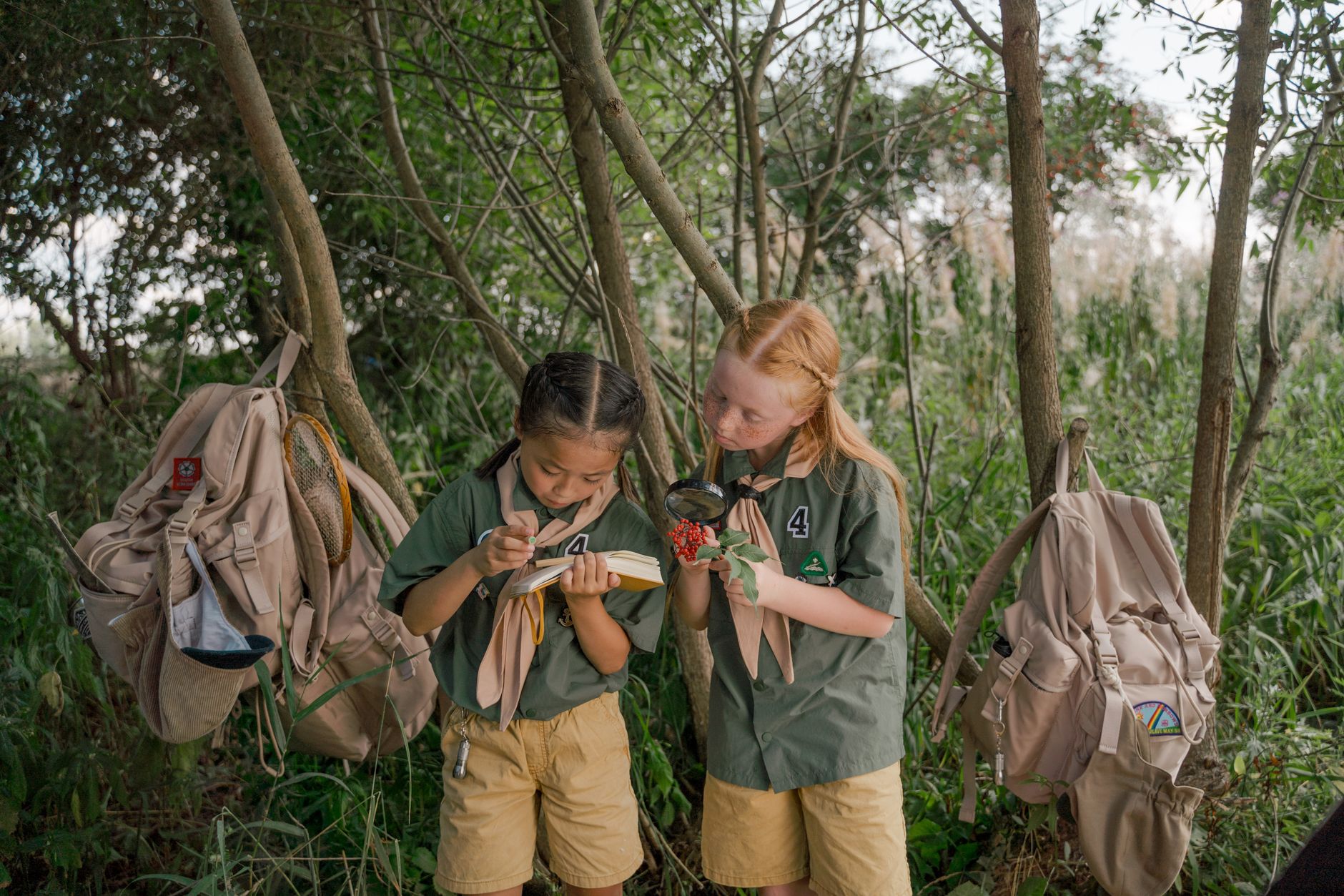 Young girl scouts discovering nature with notebooks and magnifying glasses in a wooded area.