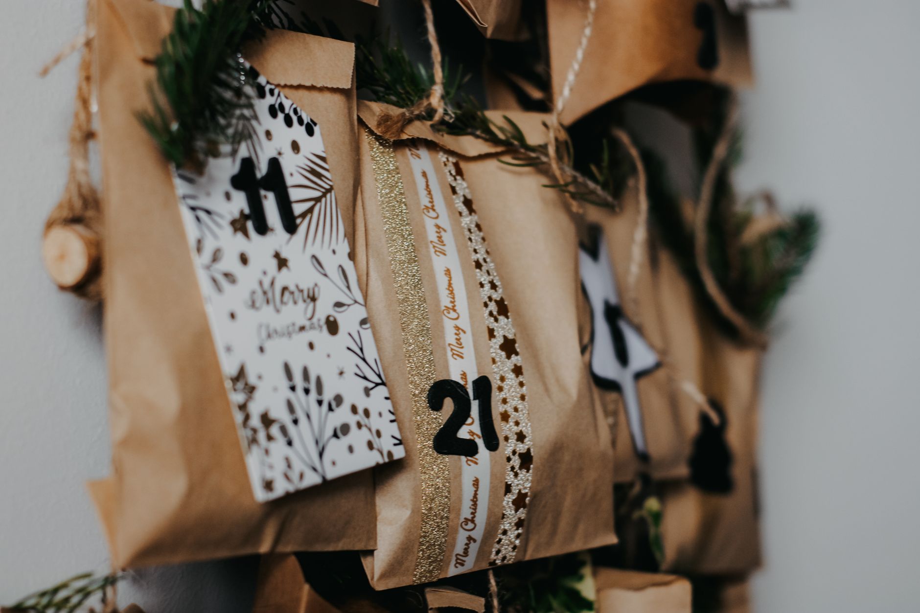 Decorative advent calendar with personalized handmade gifts for a festive Christmas celebration.