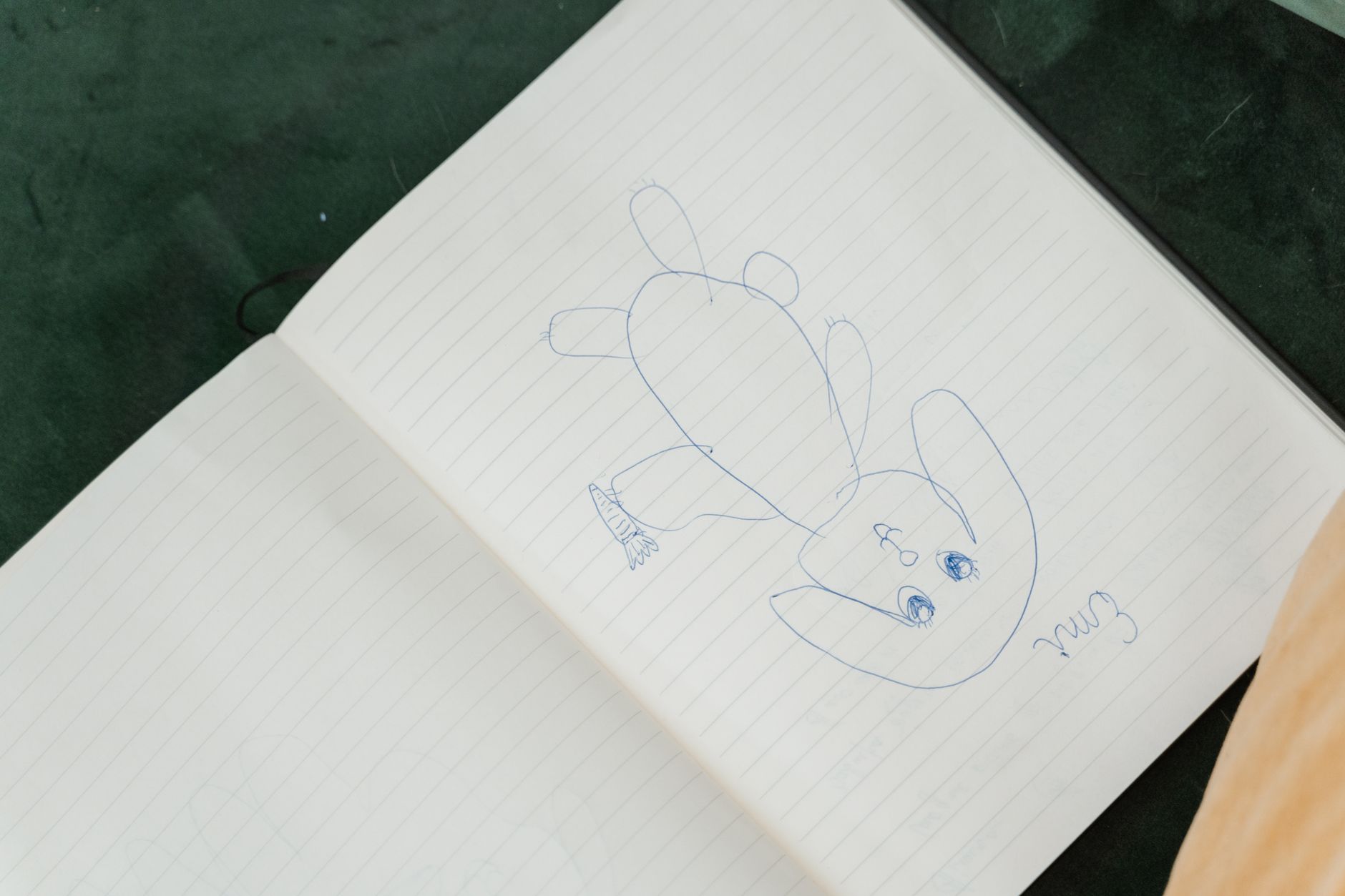 An artistic sketch of a cute cartoon bunny drawn in a lined notebook.