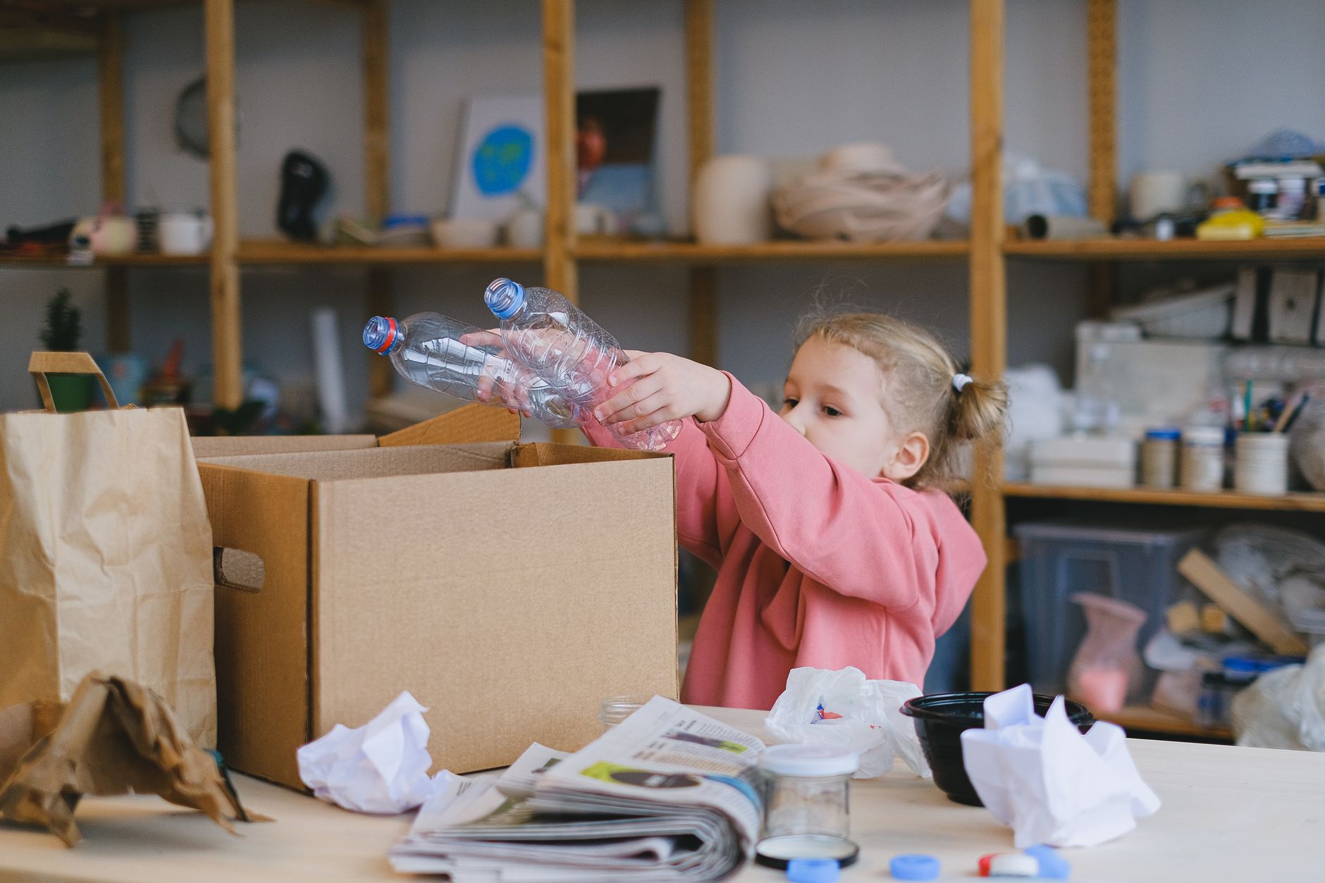 Young girl recycling plastic bottles in an organized classroom environment.