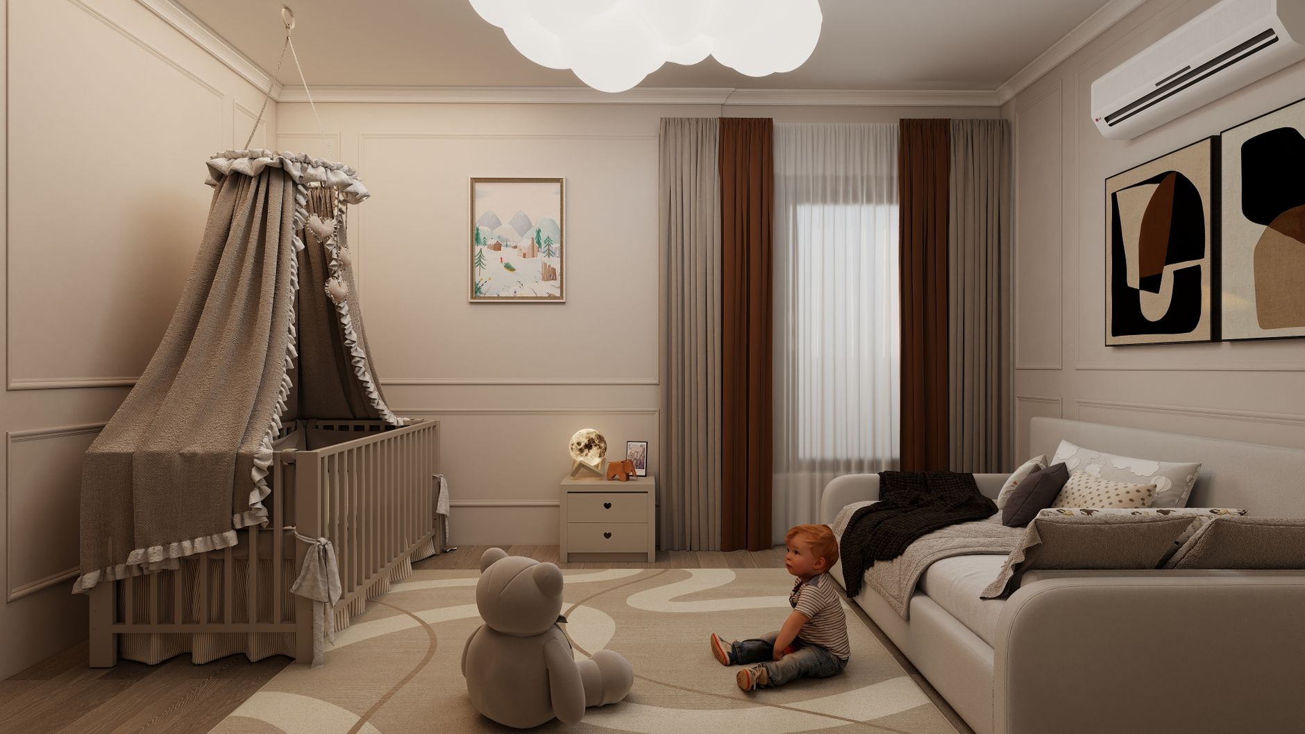 Warm nursery room with crib, toddler, and plush bear in soft light.